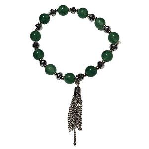 Elegant Green Beaded Bracelet Silver Tone Tassel Fashion Jewelry Women